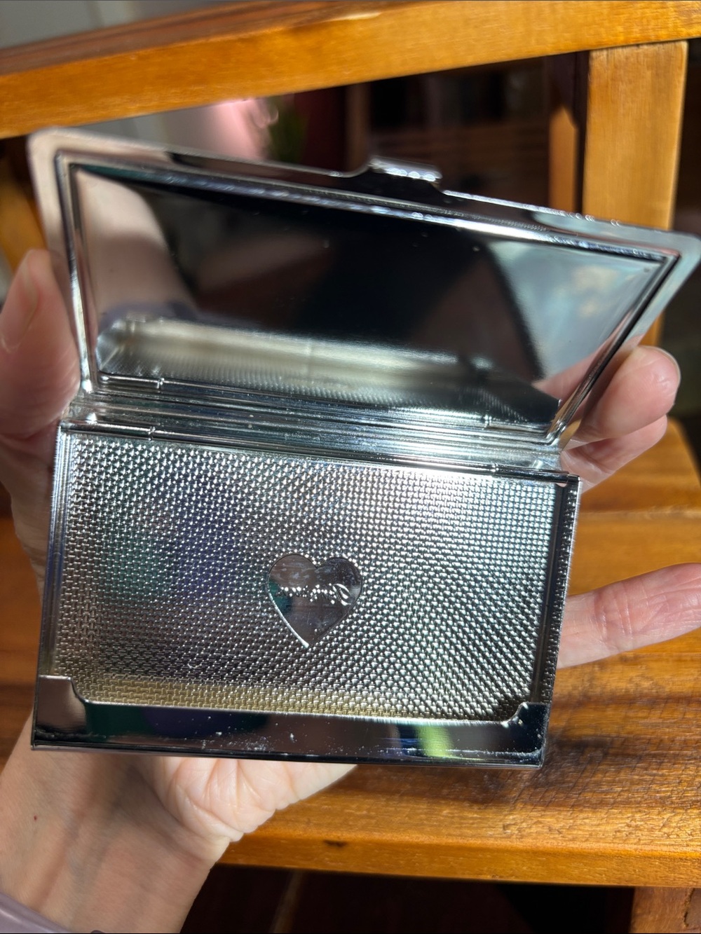 Brighton leather business card holder or box red & brown heart silver-tone frame - Picture 4 of 9
